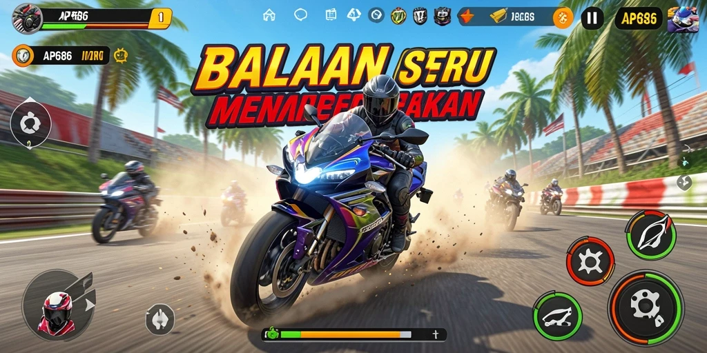 Gameplay seru AP686 dengan balapan motor yang penuh adrenalin.