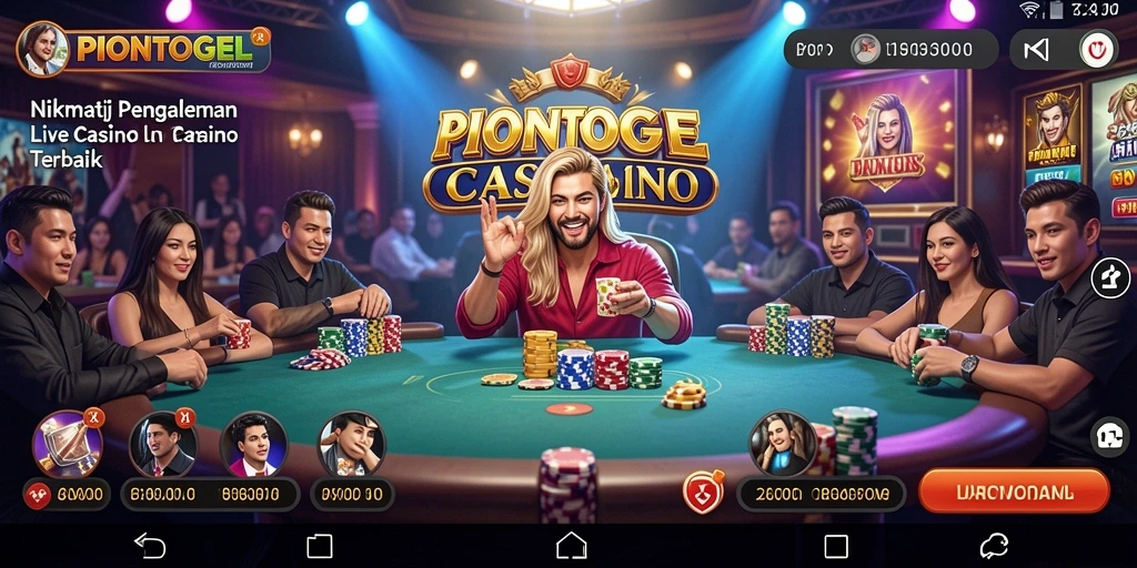 Screenshot gameplay menunjukkan dealer live dan interaksi pemain.