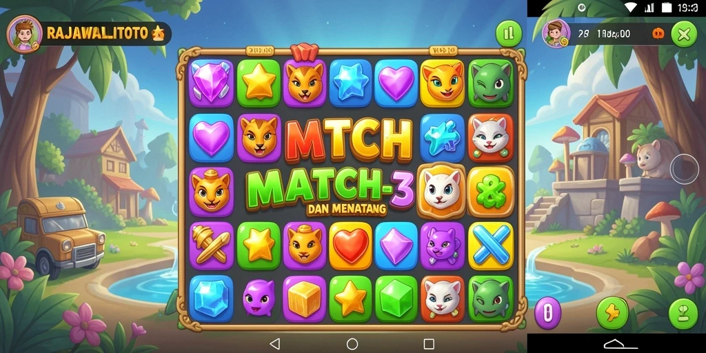 Screenshot gameplay RAJAWALITOTO menampilkan aksi seru permainan Match-3.