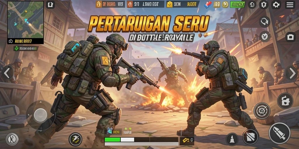 Screenshot utama RICH7 menampilkan aksi tempur seru dalam game Battle Royale.
