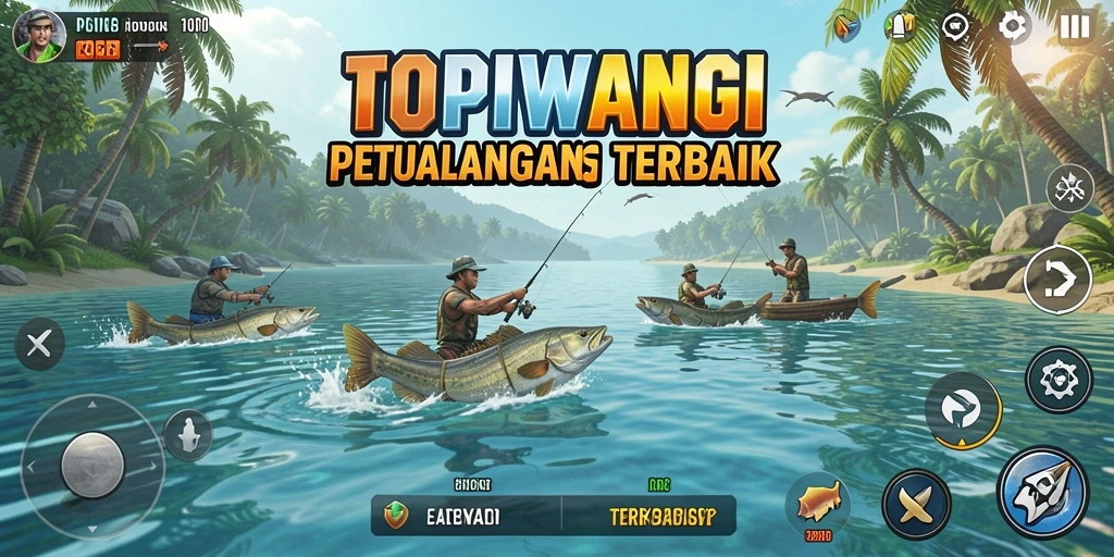Screenshot gameplay TOPIWANGI yang menampilkan aksi memancing yang seru.