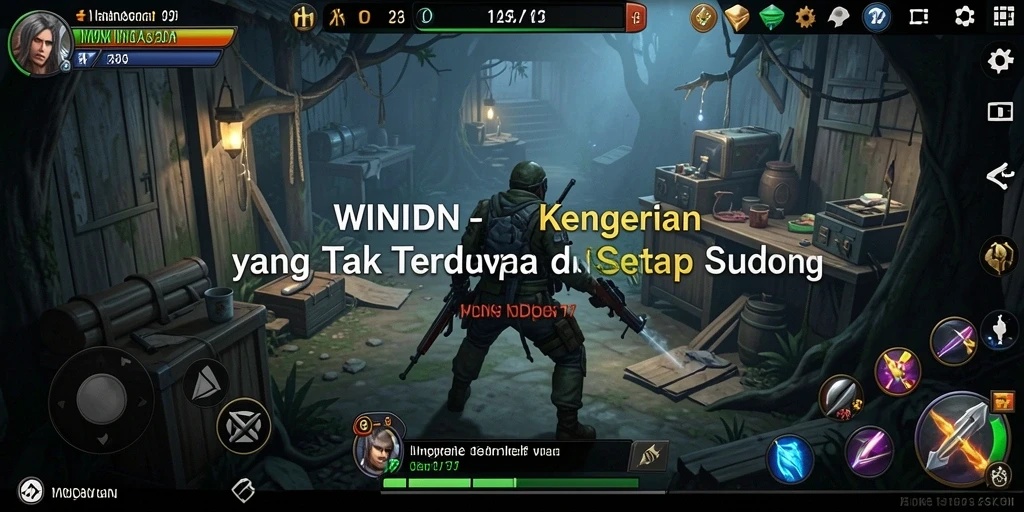 Screenshot gameplay WINIDN yang menunjukkan saat mencekam di lingkungan yang gelap.